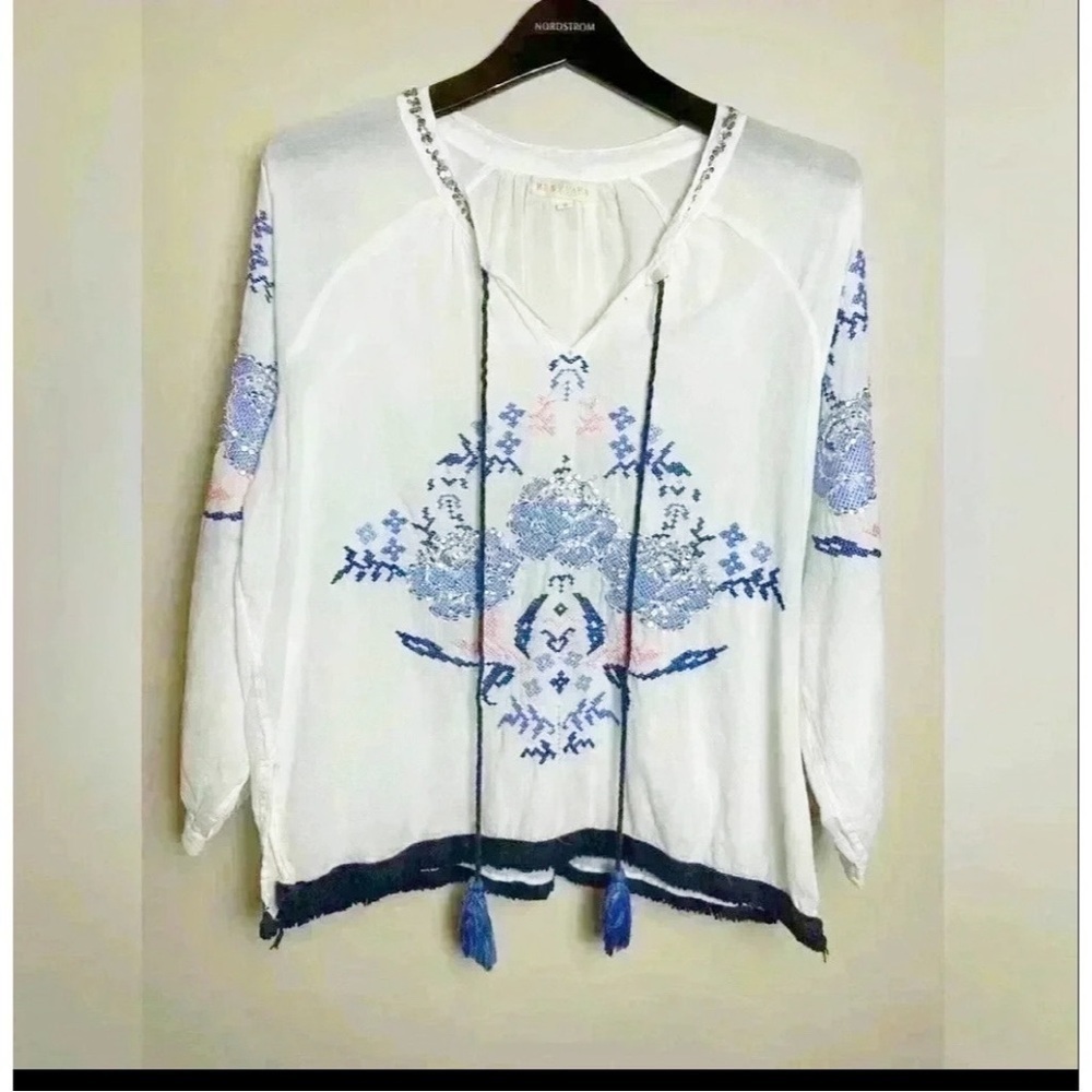 RUBY YAYA white embroidered embellished tunic top -medium